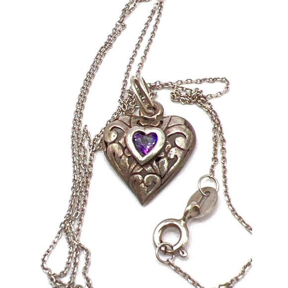 Vintage Sterling Silver Heart Pendant Necklace Purple Stone & Intricate Design - Picture 4 of 11